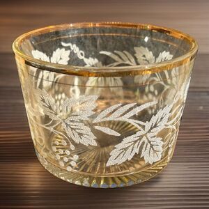 Glass Bowl Ice Bucket Frosted Grapes & Leaves Gold Rim Starburst Libbey Vintage